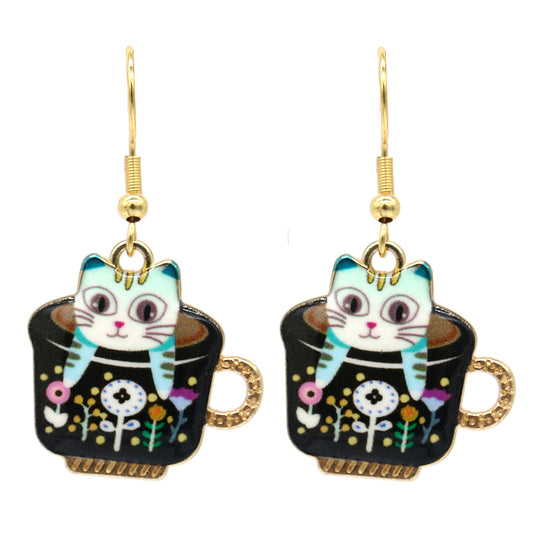 14K Gold Kitten in a Mug Hook Earrings for Cat Lovers - Elegant and Hypoallergenic Fashion Jewelry