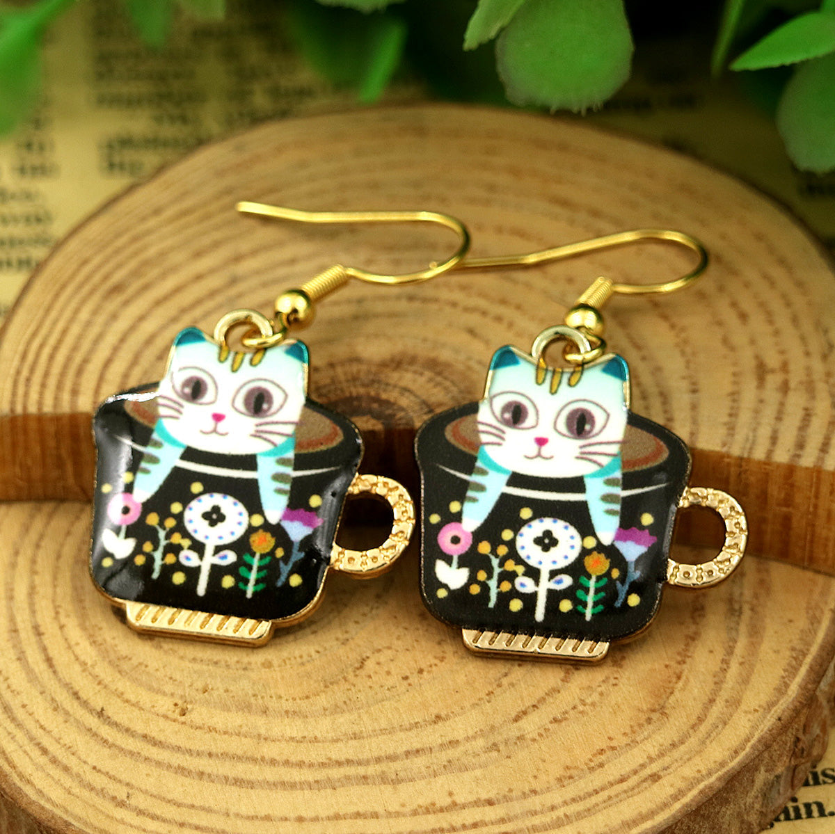 14K Gold Kitten in a Mug Hook Earrings for Cat Lovers - Elegant and Hypoallergenic Fashion Jewelry