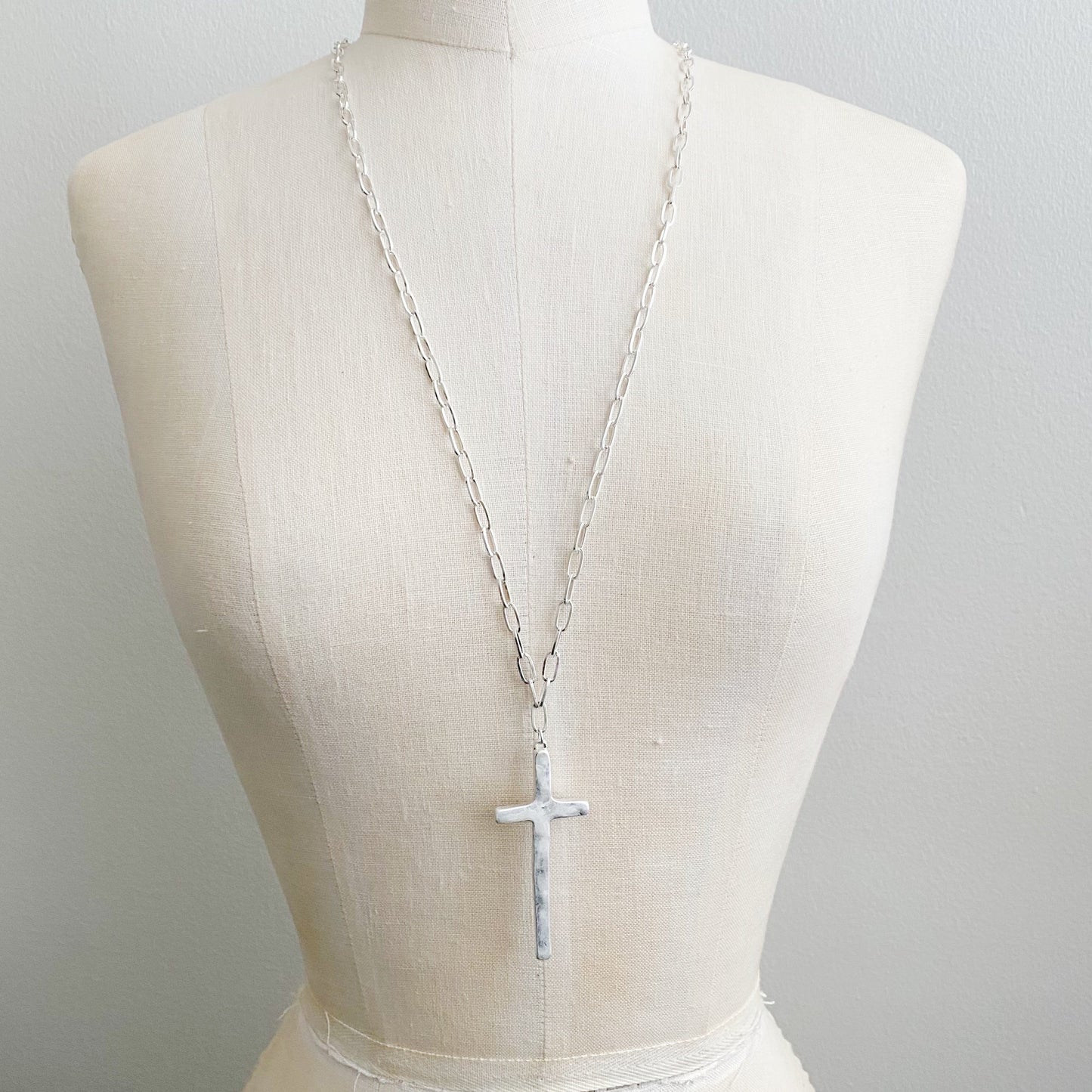 Hammered Cross Long Chain Necklace