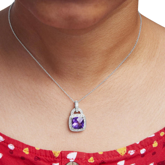 .925 Sterling Silver 10X10 MM Cushion Purple Amethyst and Diamond Accent Halo 18" Pendant Necklace (I-J Color, I1-I2 Clarity)