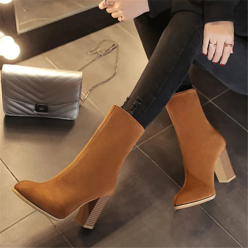 Women's Back Zipper Pointed Toe Mid-Calf Boots