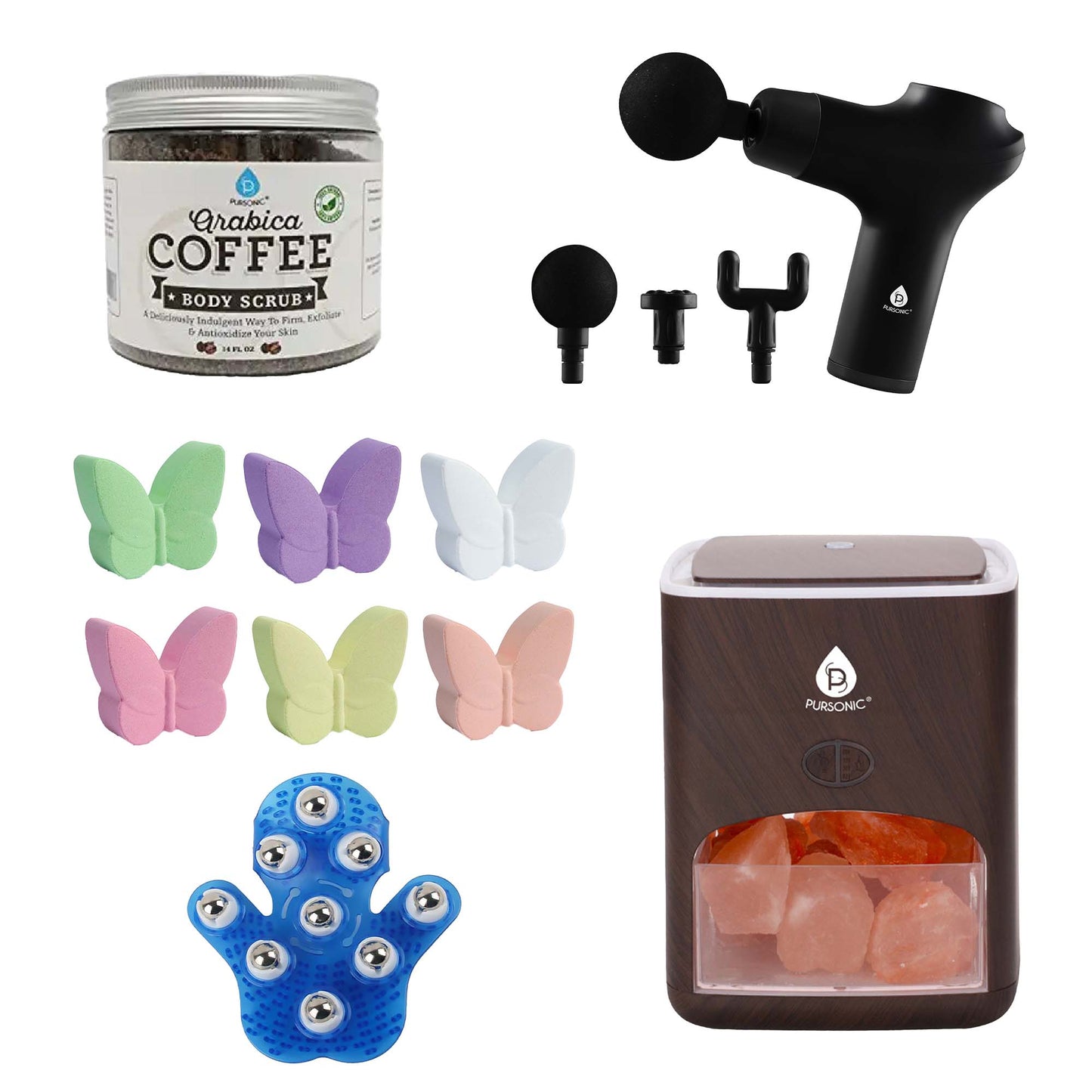 Pursonic At-Home Spa Essentials: Coffee Scrub, Himalayan Salt Lamp Diffuser, Massage Gun, Bath Bombs, & More