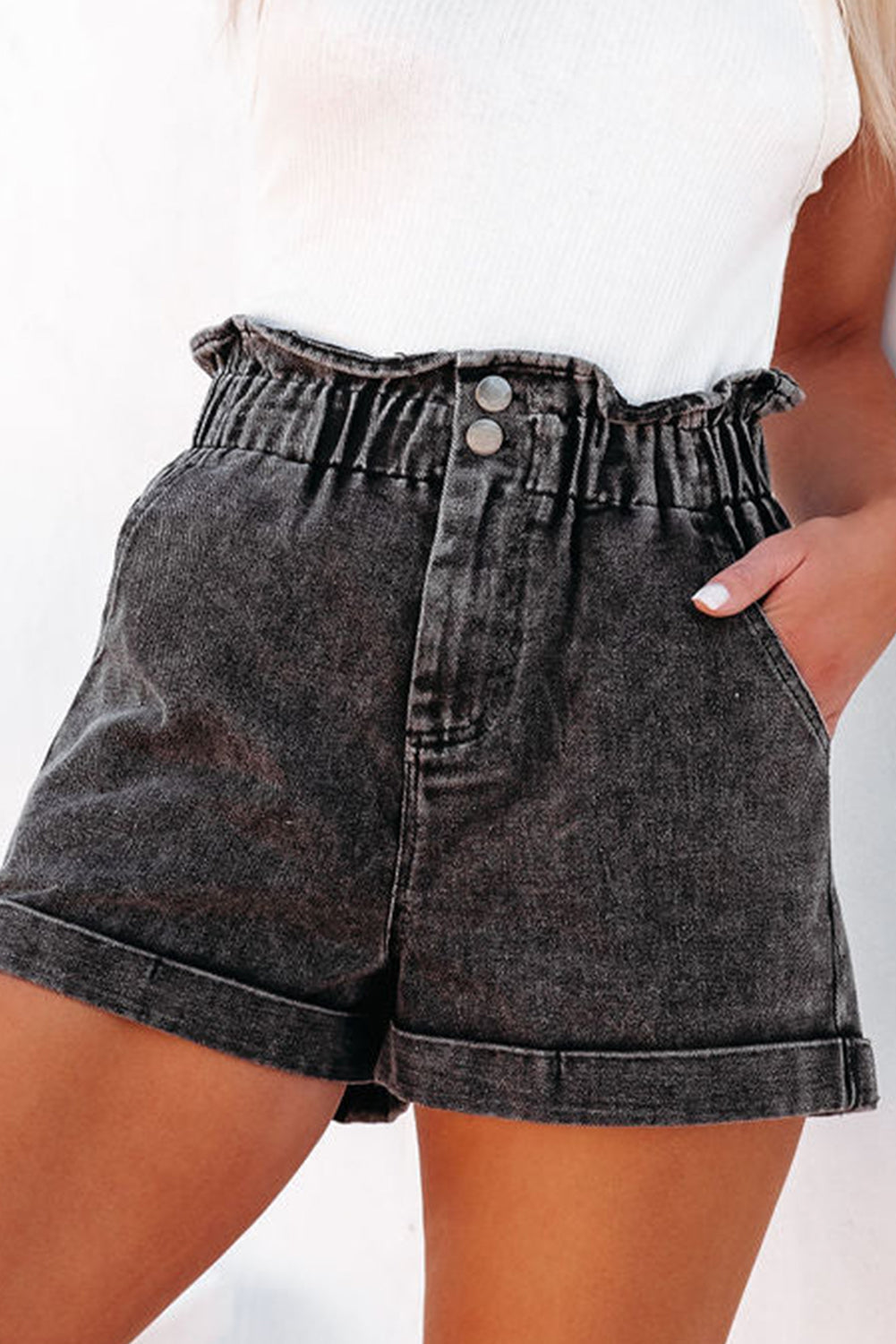 Melany High Waist Denim Shorts with Frilly Detailing and Vintage Wash Style