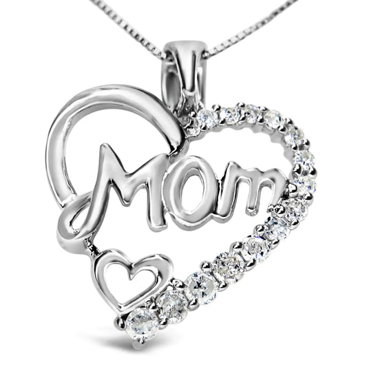 Elegant "Mom" heart pendant necklace crafted from .925 sterling silver, adorned with sparkling diamonds, perfect as a gift for mom.