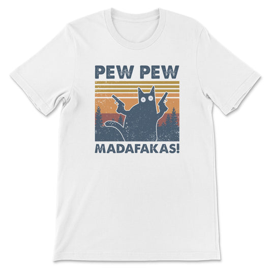 Pew Pew Cat Madafakas Retro Graphic Tee - Unisex Fit, Made in USA, Professionally Printed