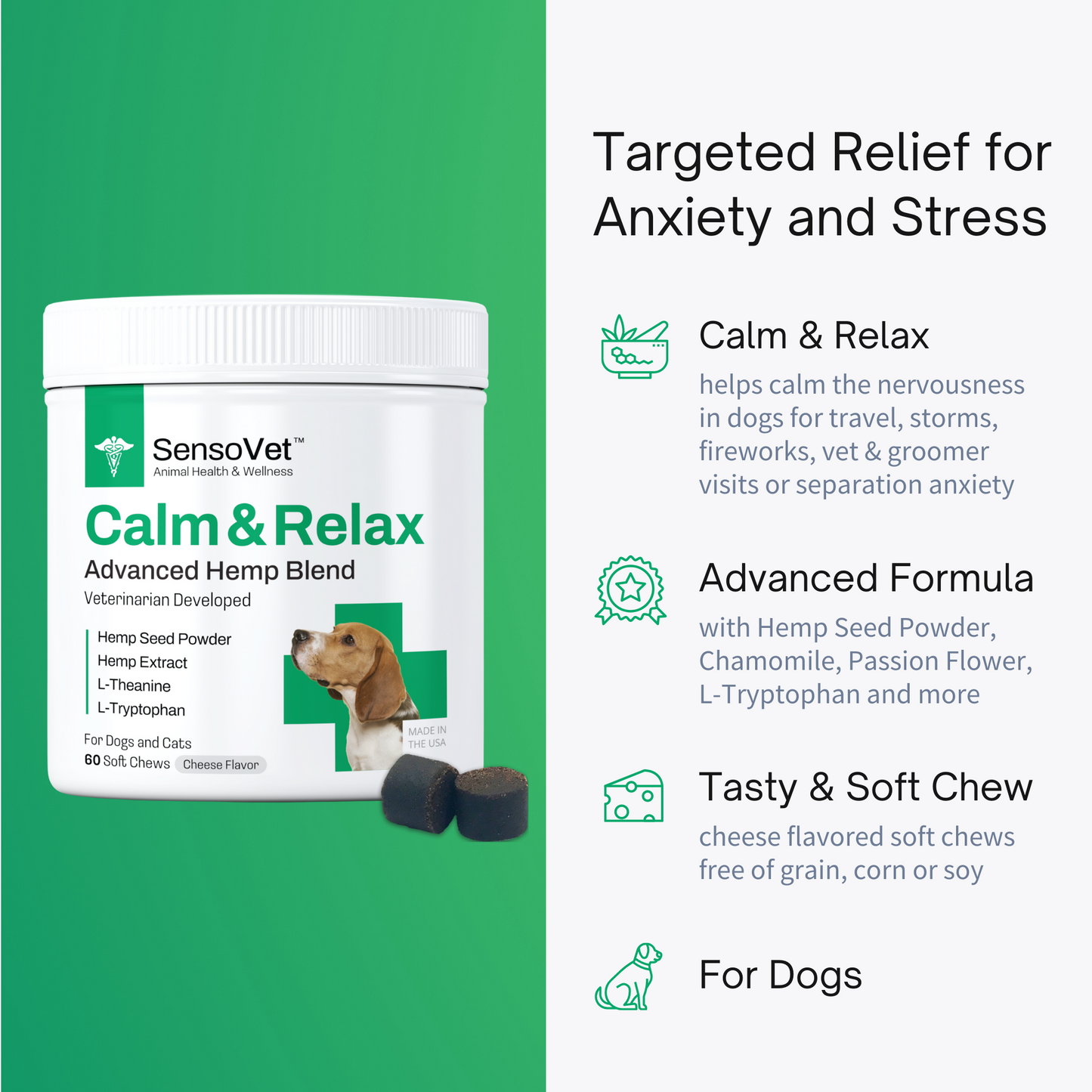 SensoVet Calm & Relax Hemp Chews for Dogs - 60 Grain-Free Soft Chews for Anxiety Relief