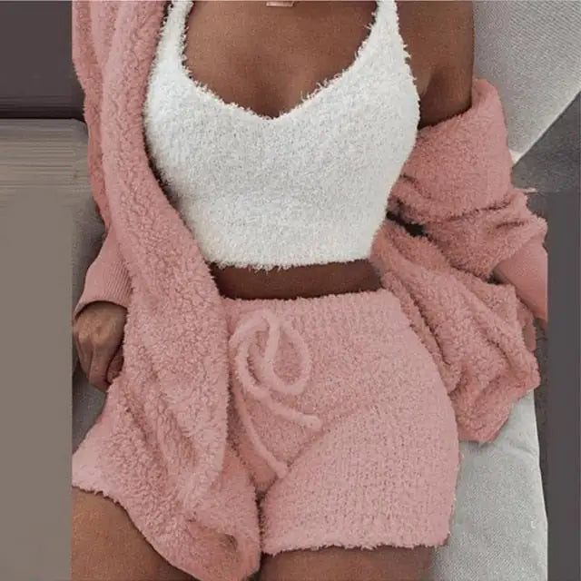 Lively pink knit set, great gift for her. This comfy ensemble features a fluffy top, matching shorts, and a cardigan.