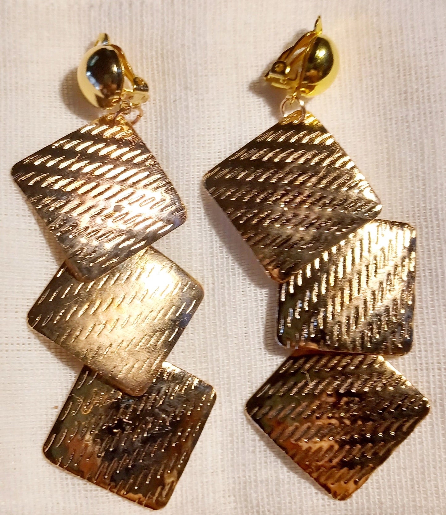 Vintage Hammered Gold Square Clip-On Earrings - Rustic Boho Style, Lightweight, 3 Inches Long