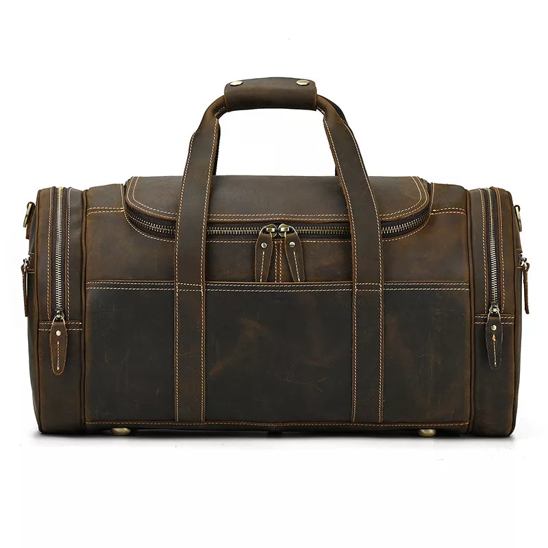 The Wainwright Weekender Bag | Vintage Round Crazy Horse Leather Travel Duffel with Pockets