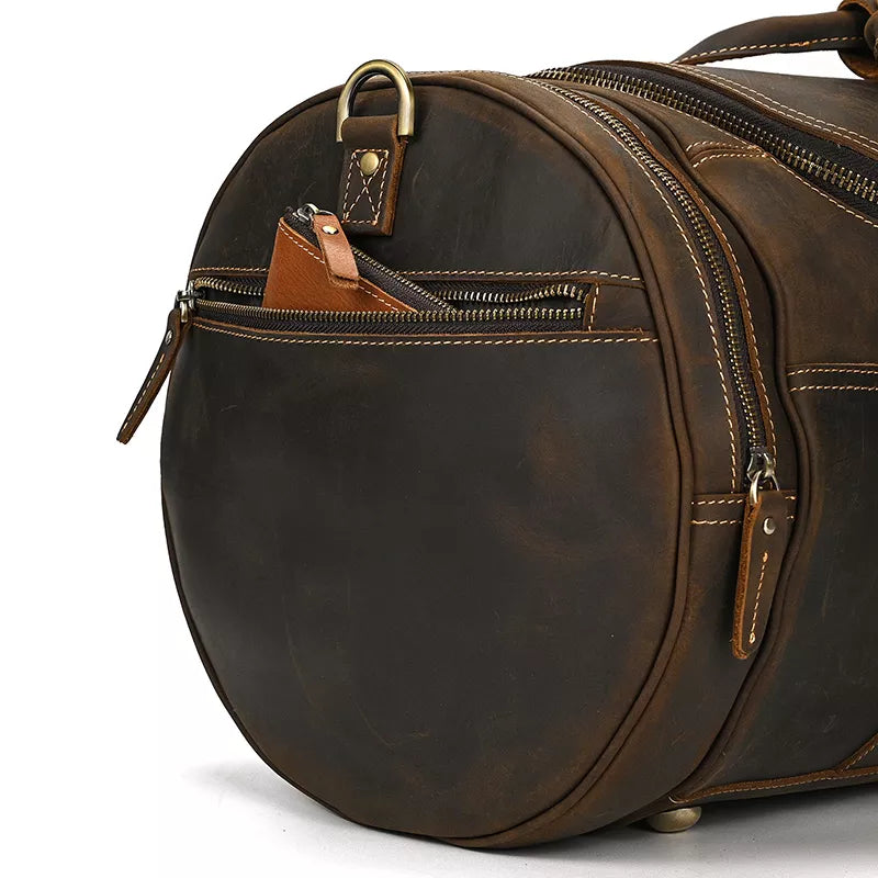 The Wainwright Weekender Bag | Vintage Round Crazy Horse Leather Travel Duffel with Pockets