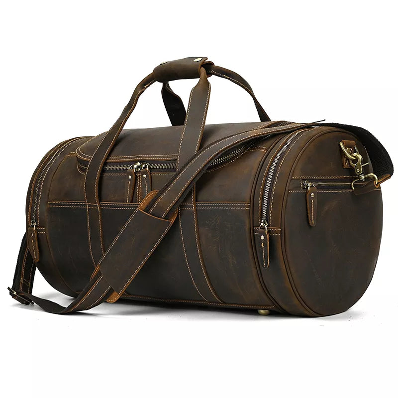 The Wainwright Weekender Bag | Vintage Round Crazy Horse Leather Travel Duffel with Pockets