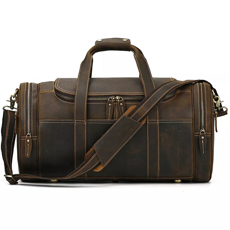 The Wainwright Weekender Bag | Vintage Round Crazy Horse Leather Travel Duffel with Pockets