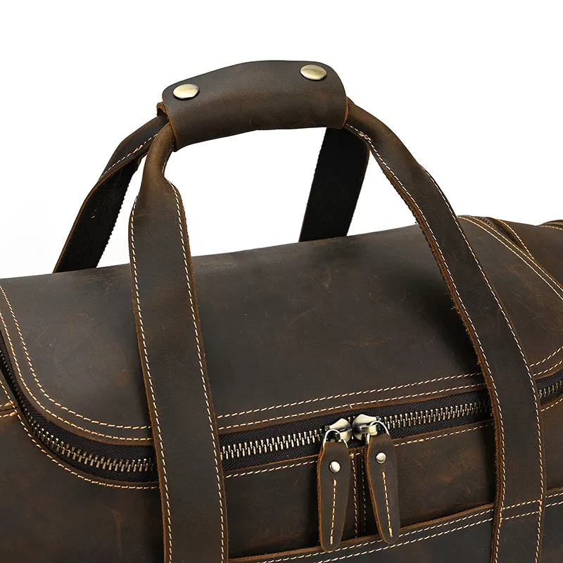 The Wainwright Weekender Bag | Vintage Round Crazy Horse Leather Travel Duffel with Pockets