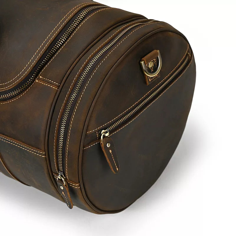 The Wainwright Weekender Bag | Vintage Round Crazy Horse Leather Travel Duffel with Pockets