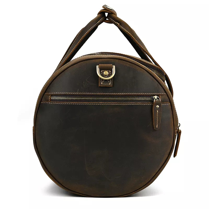 The Wainwright Weekender Bag | Vintage Round Crazy Horse Leather Travel Duffel with Pockets