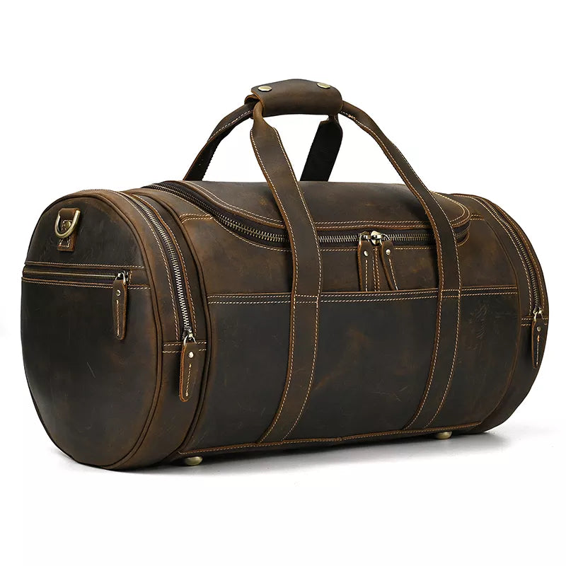 The Wainwright Weekender Bag | Vintage Round Crazy Horse Leather Travel Duffel with Pockets