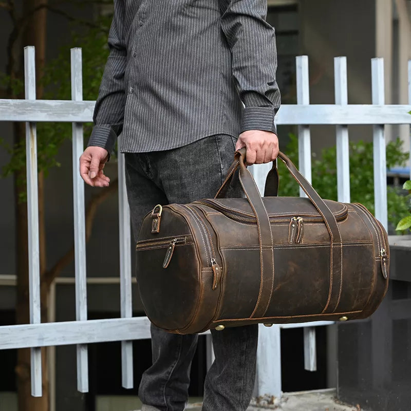 The Wainwright Weekender Bag | Vintage Round Crazy Horse Leather Travel Duffel with Pockets