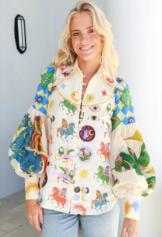 Women's Boho Cartoon Print Blouse - Retro Lantern Long Sleeve Shirt for Effortless Style