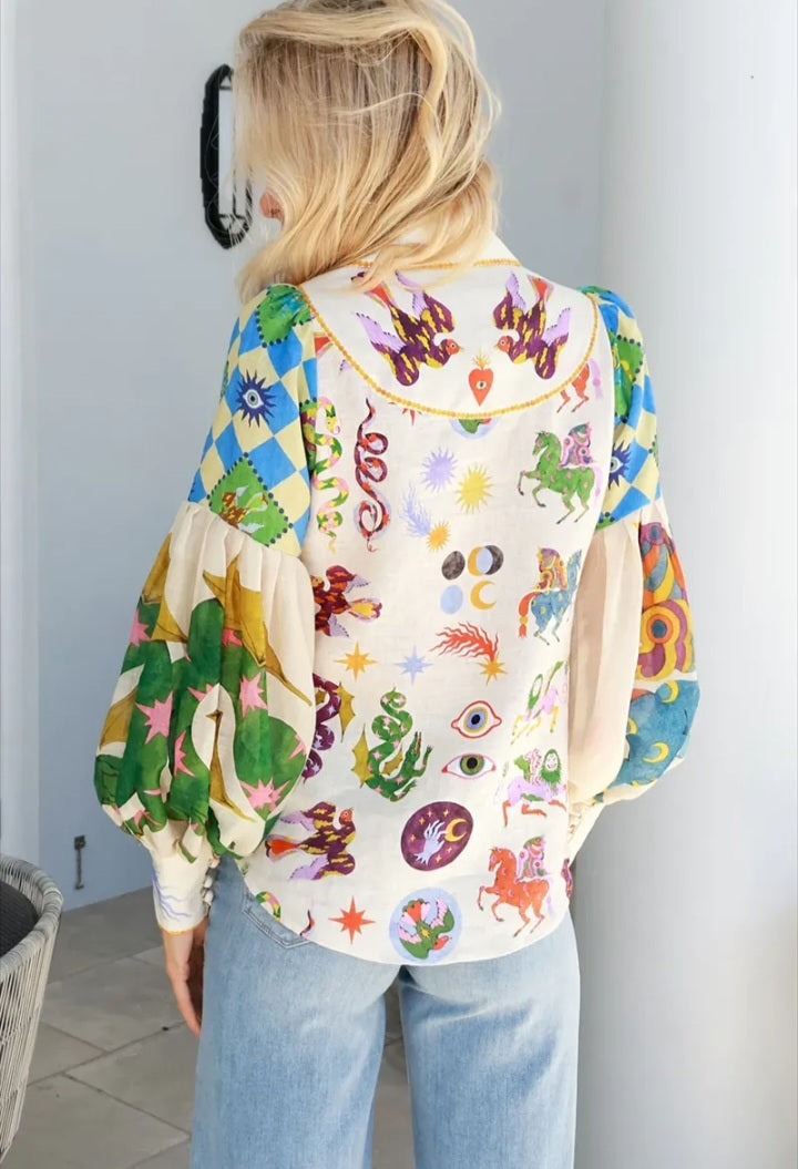 Women's Boho Cartoon Print Blouse - Retro Lantern Long Sleeve Shirt for Effortless Style