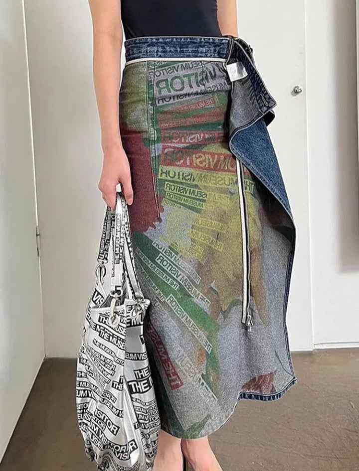 Vintage High Waist Women's Denim Skirt with Unique Irregular Print for Timeless Style