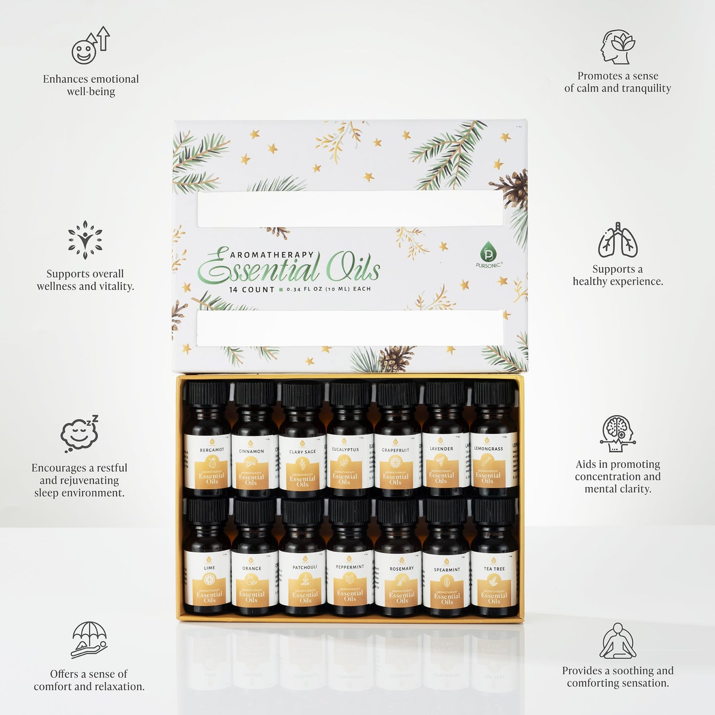 Pursonic Essential Oils Christmas Gift Set – 14-Piece Aromatherapy Collection