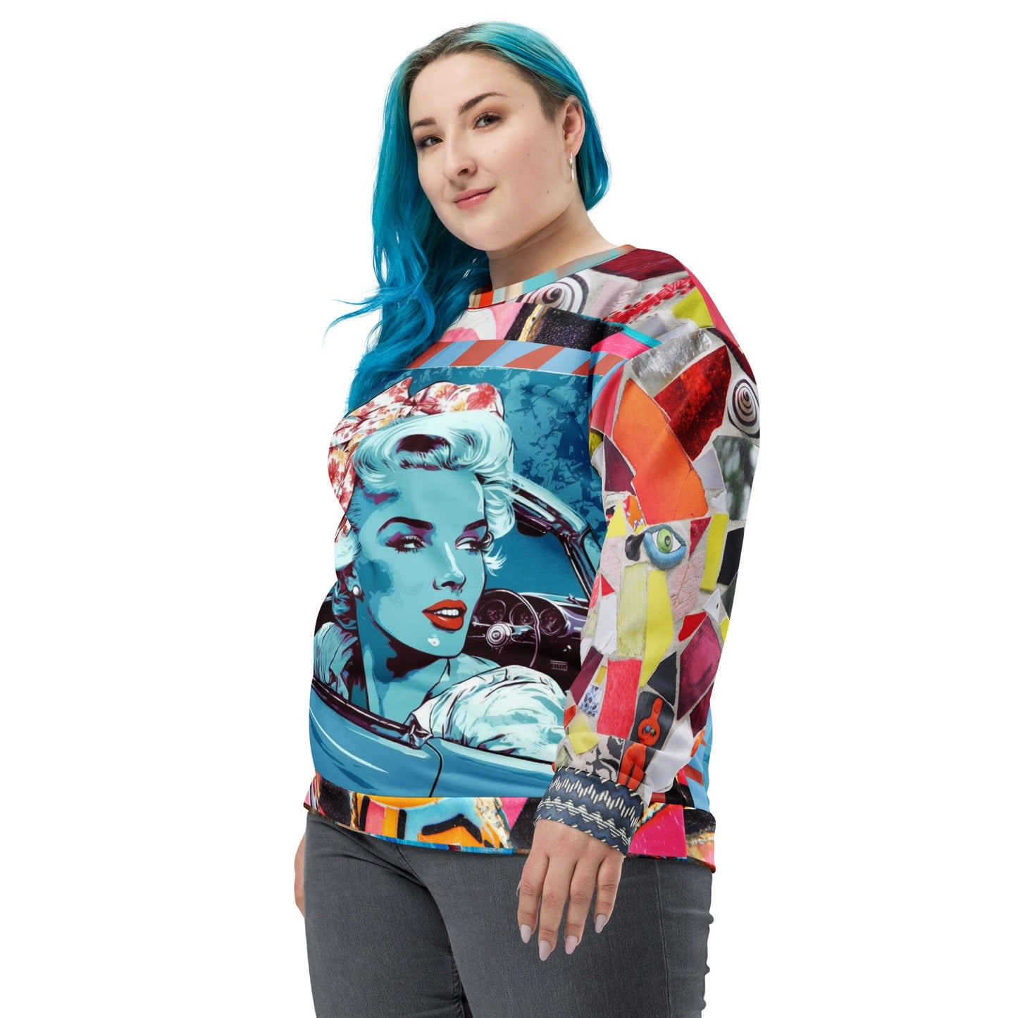 Girl on Blue Highway Retro Print Summer Weight Eco-Poly Unisex Sweatshirt