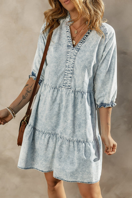 Zaylee Retro Flared Denim Dress with Acid Wash, Half Sleeve and Ruffled Tiered Style