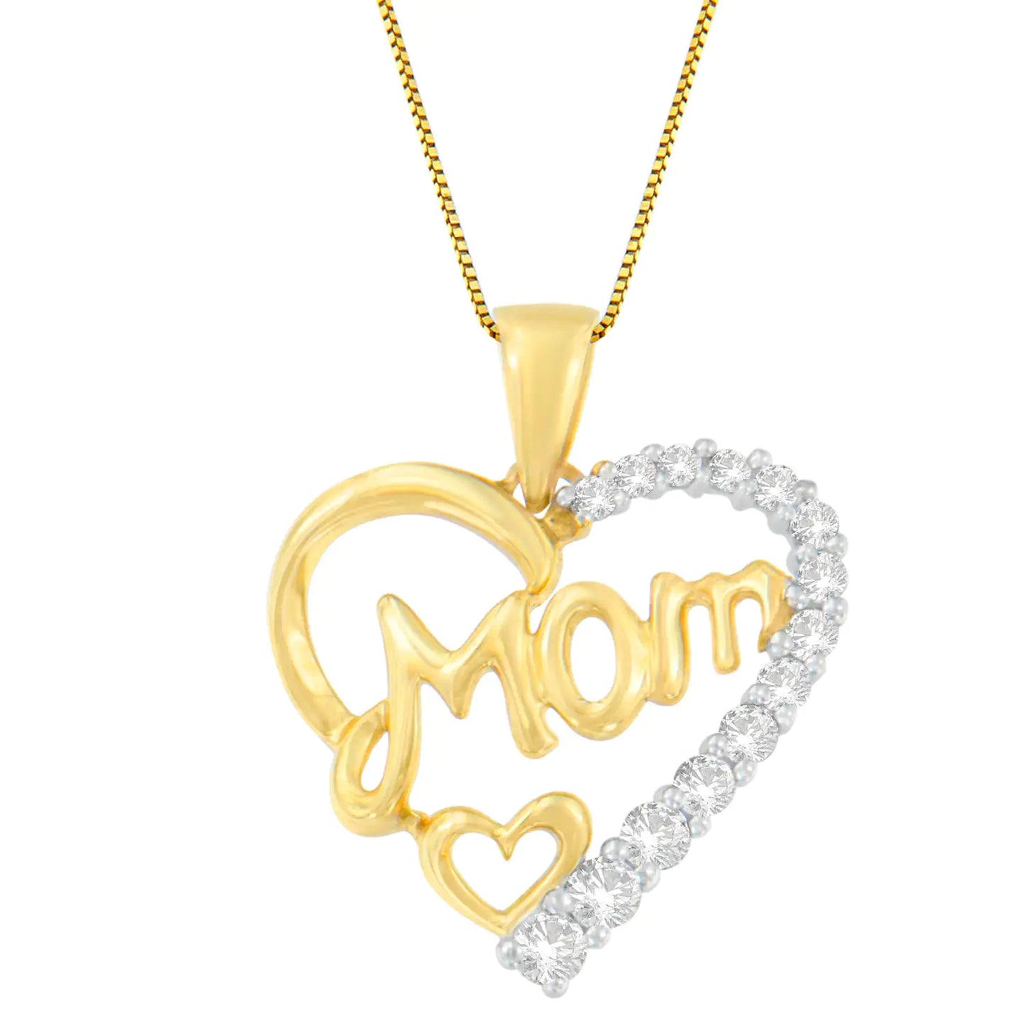 Mom Heart Pendant Necklace - 10K Yellow Gold Round Cut Diamond 0.25 cttw