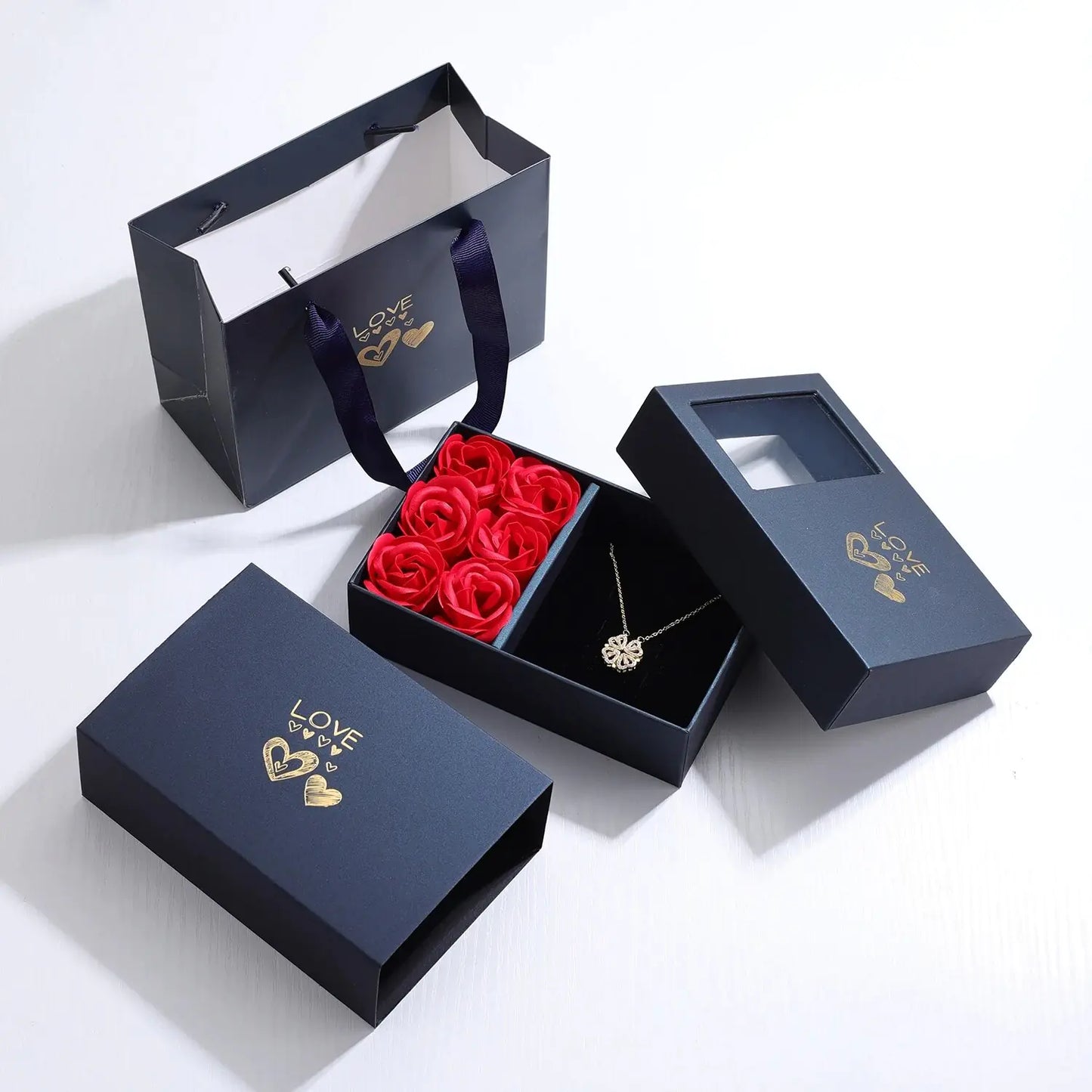 Rose Gift Box Four -leaf Grass Necklace Heart Necklace