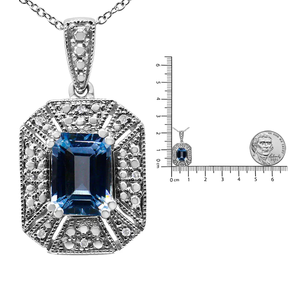 .925 Sterling Silver Blue Topaz and Diamond Accent Art Deco Style 18" Pendant Necklace (I-J Color, I1-I2 Clarity)