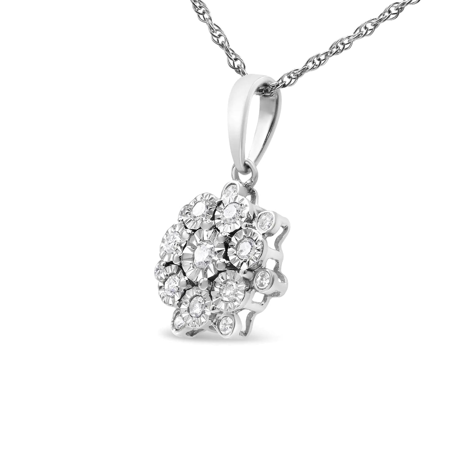 .925 Sterling Silver 1/4 Cttw Miracle Set Diamond Floral Cluster 18" Pendant Necklace for Women (I-J Color, I1-I2 Clarity)