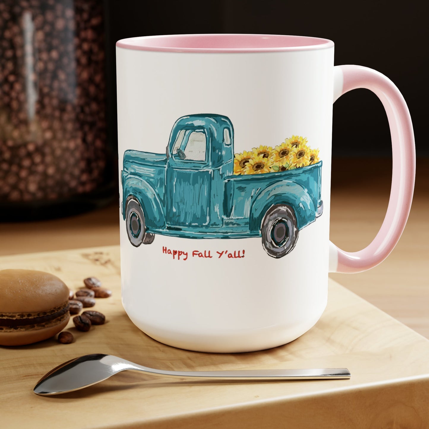 Fall Sunflower Truck Two-Tone Coffee Mugs, 15oz