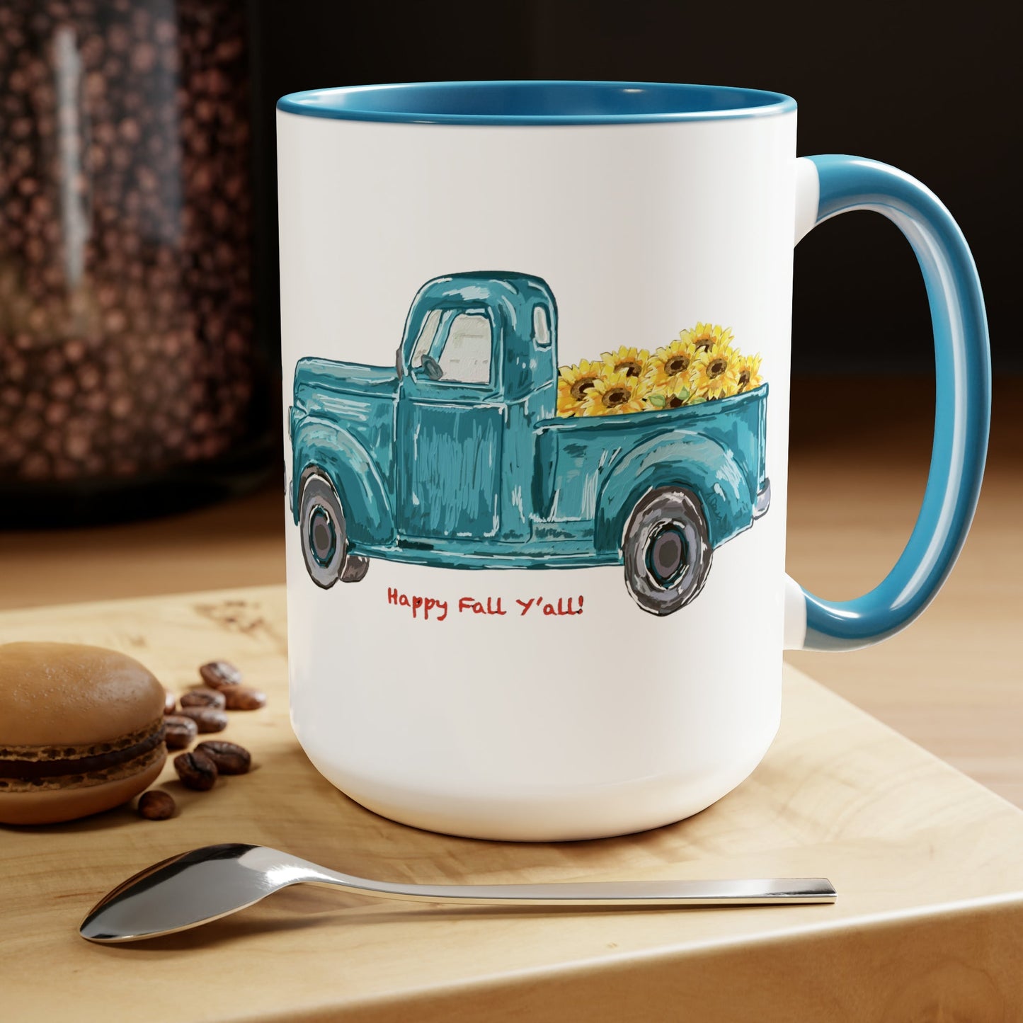 Fall Sunflower Truck Two-Tone Coffee Mugs, 15oz