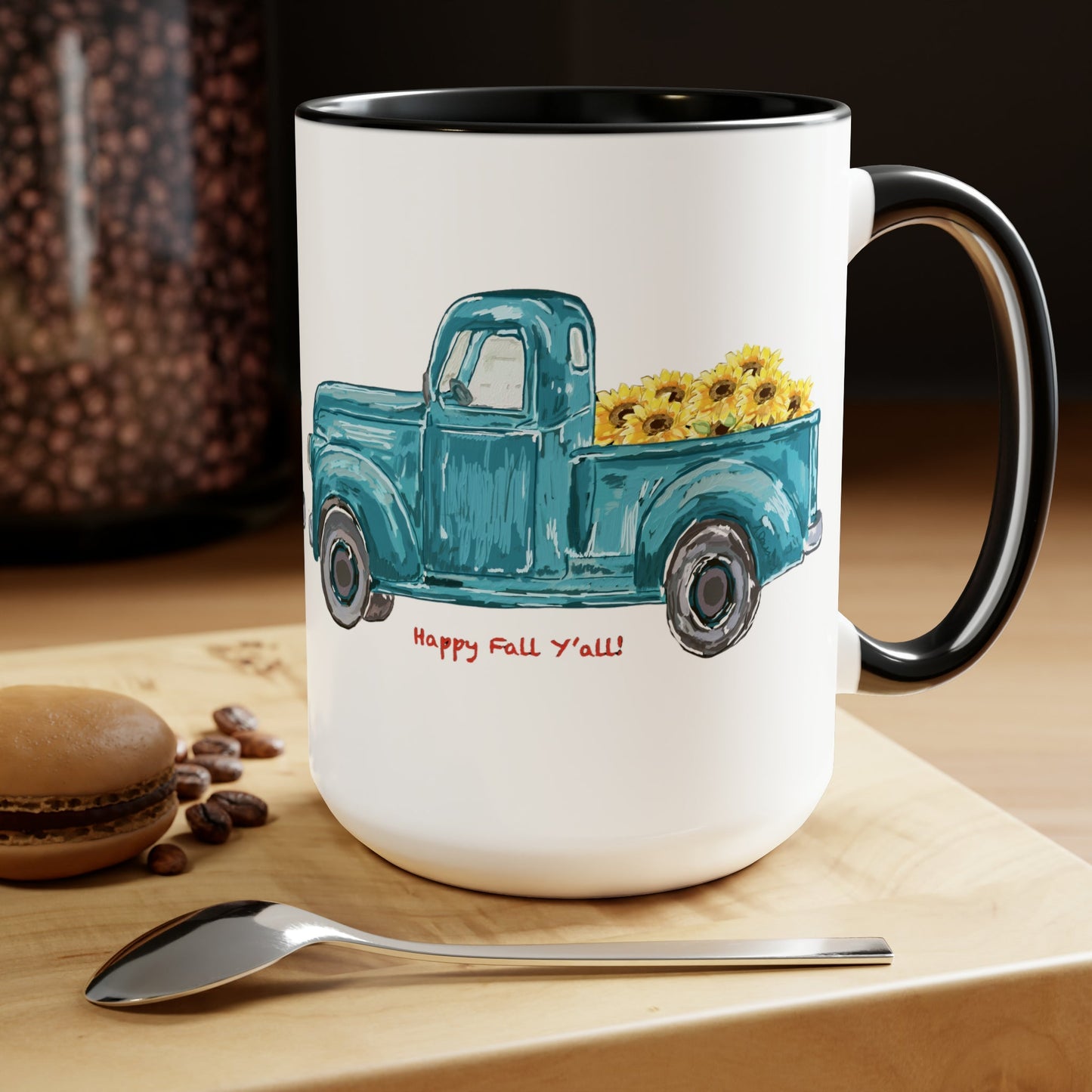 Fall Sunflower Truck Two-Tone Coffee Mugs, 15oz