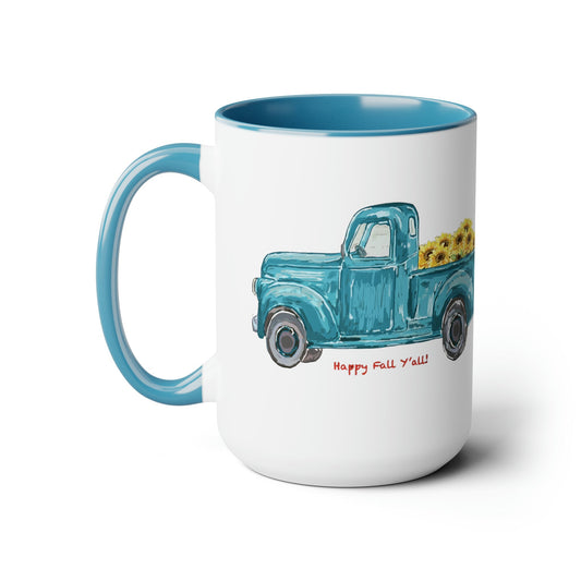 Fall Sunflower Truck Two-Tone Coffee Mugs, 15oz