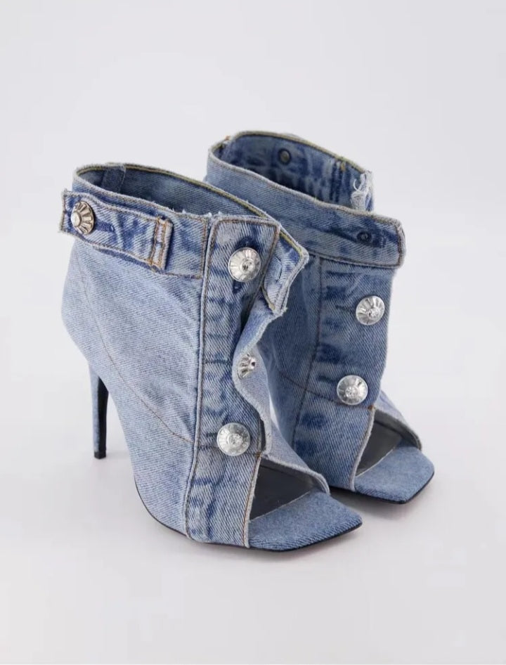 Fashionella Women's Vintage Denim Slim High Heel Sandals with Open Teeth Design, Large Size