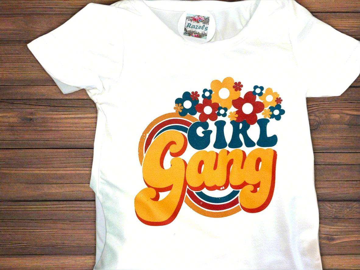 Girl Gang T-Shirt & Yellow Polka Dot Bell Bottom Outfit – Retro Floral Fun for Girls!