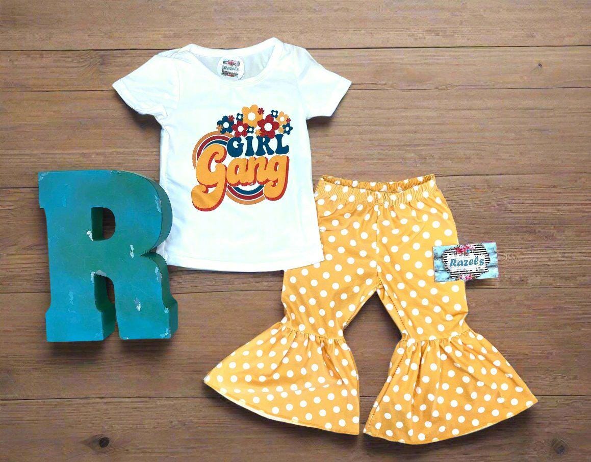 Girl Gang T-Shirt & Yellow Polka Dot Bell Bottom Outfit – Retro Floral Fun for Girls!