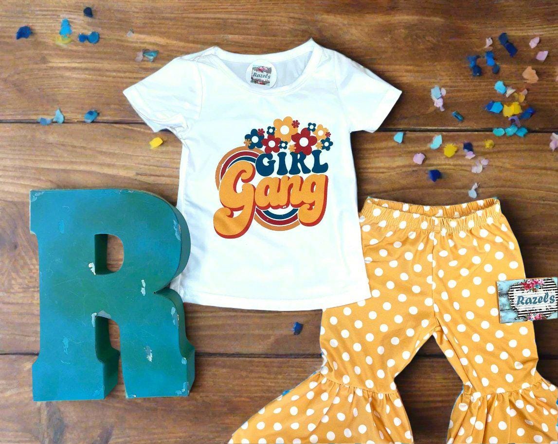 Girl Gang T-Shirt & Yellow Polka Dot Bell Bottom Outfit – Retro Floral Fun for Girls!