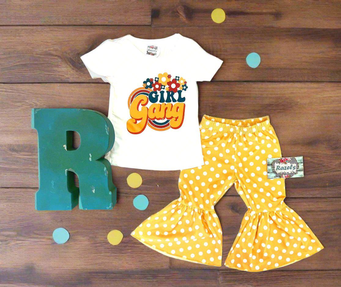 Girl Gang T-Shirt & Yellow Polka Dot Bell Bottom Outfit – Retro Floral Fun for Girls!