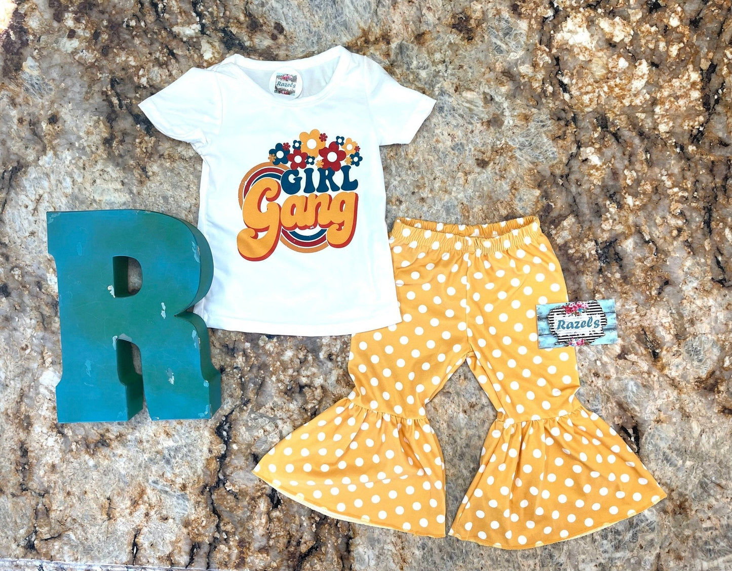 Girl Gang T-Shirt & Yellow Polka Dot Bell Bottom Outfit – Retro Floral Fun for Girls!