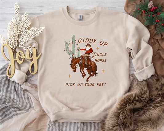 Cowboy Christmas (T-shirt), Giddy Up Jingle Horse Pick Up Your Feet, Howdy Country Christmas Horse, Cowgirl shirt 100% Cotton T-shirt High Quality