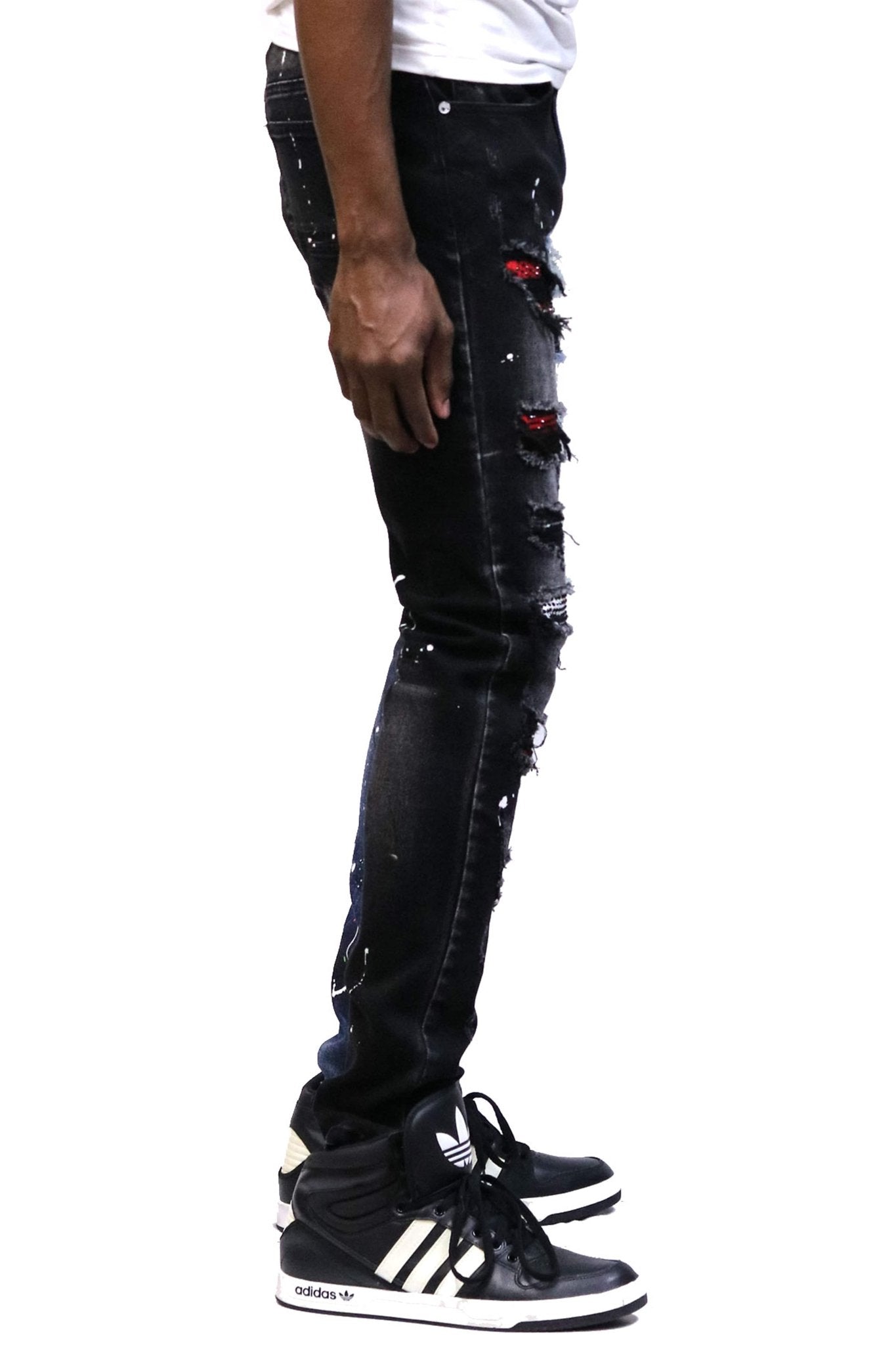 Aspen Men's Stretchable Skinny Denim Pants with Rhinestone Details & Half and Half Wash