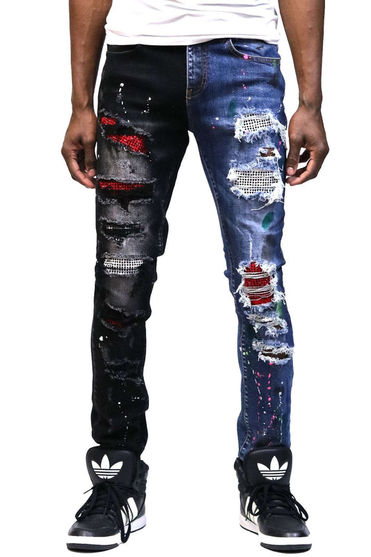 Aspen Men's Stretchable Skinny Denim Pants with Rhinestone Details & Half and Half Wash