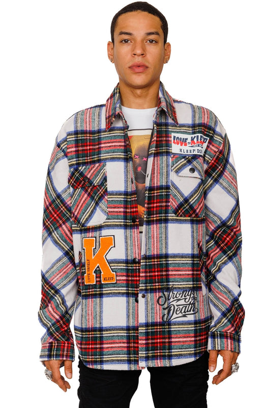 DRAKE Men's Oversized Heavy Flannel Jacket Shirt with Snap Fastenings and Chenille Patch