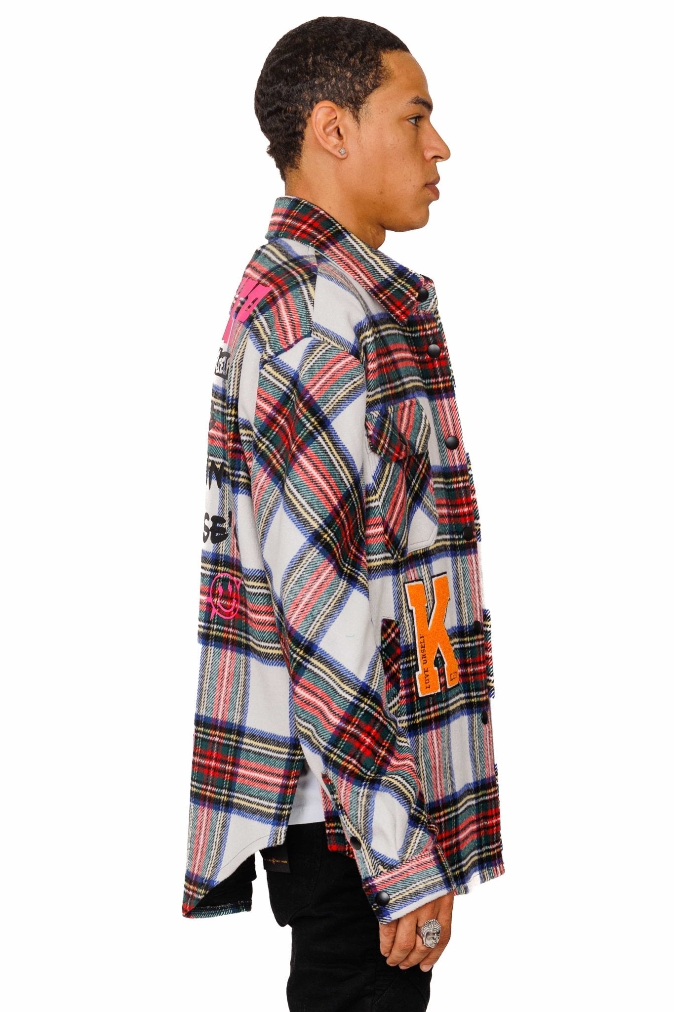 DRAKE Men's Oversized Heavy Flannel Jacket Shirt with Snap Fastenings and Chenille Patch