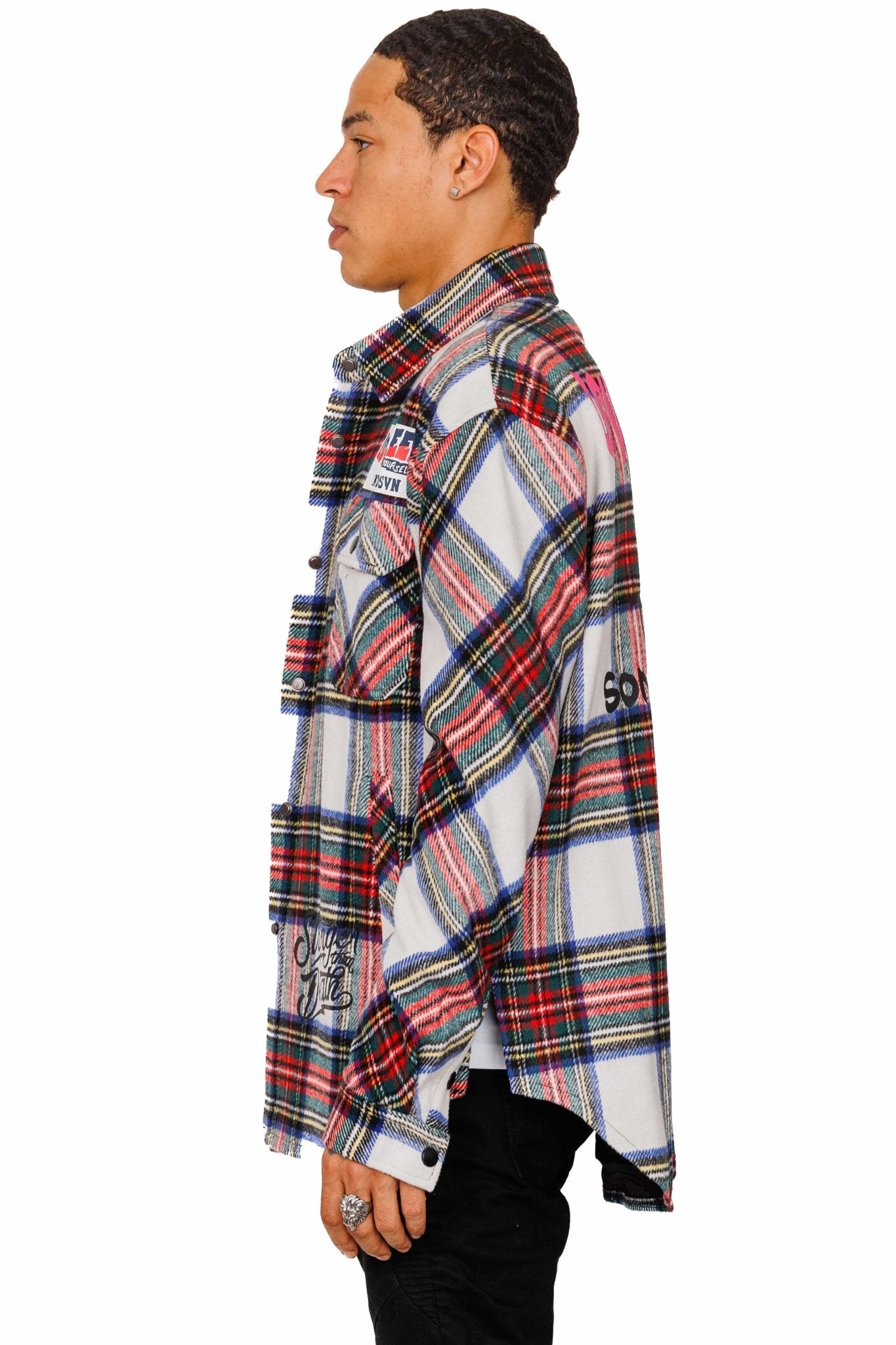 DRAKE Men's Oversized Heavy Flannel Jacket Shirt with Snap Fastenings and Chenille Patch