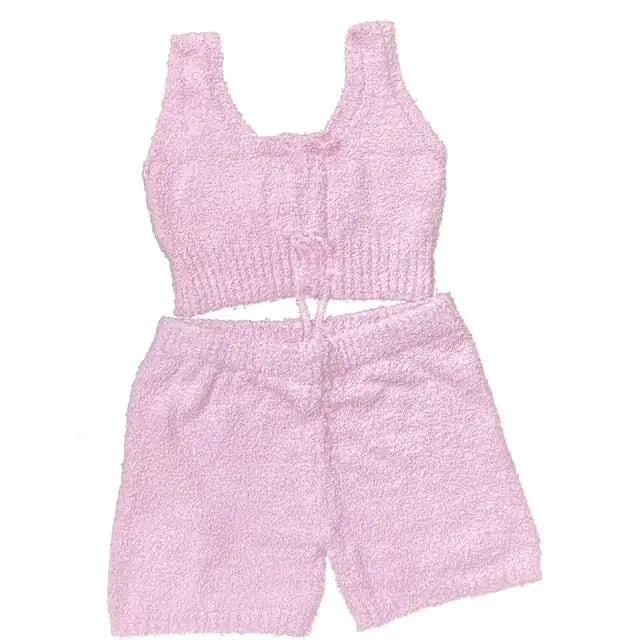 Cozy lavender knit set, the perfect gift for her. This ensemble has a cropped tank, shorts, and a matching cardigan.