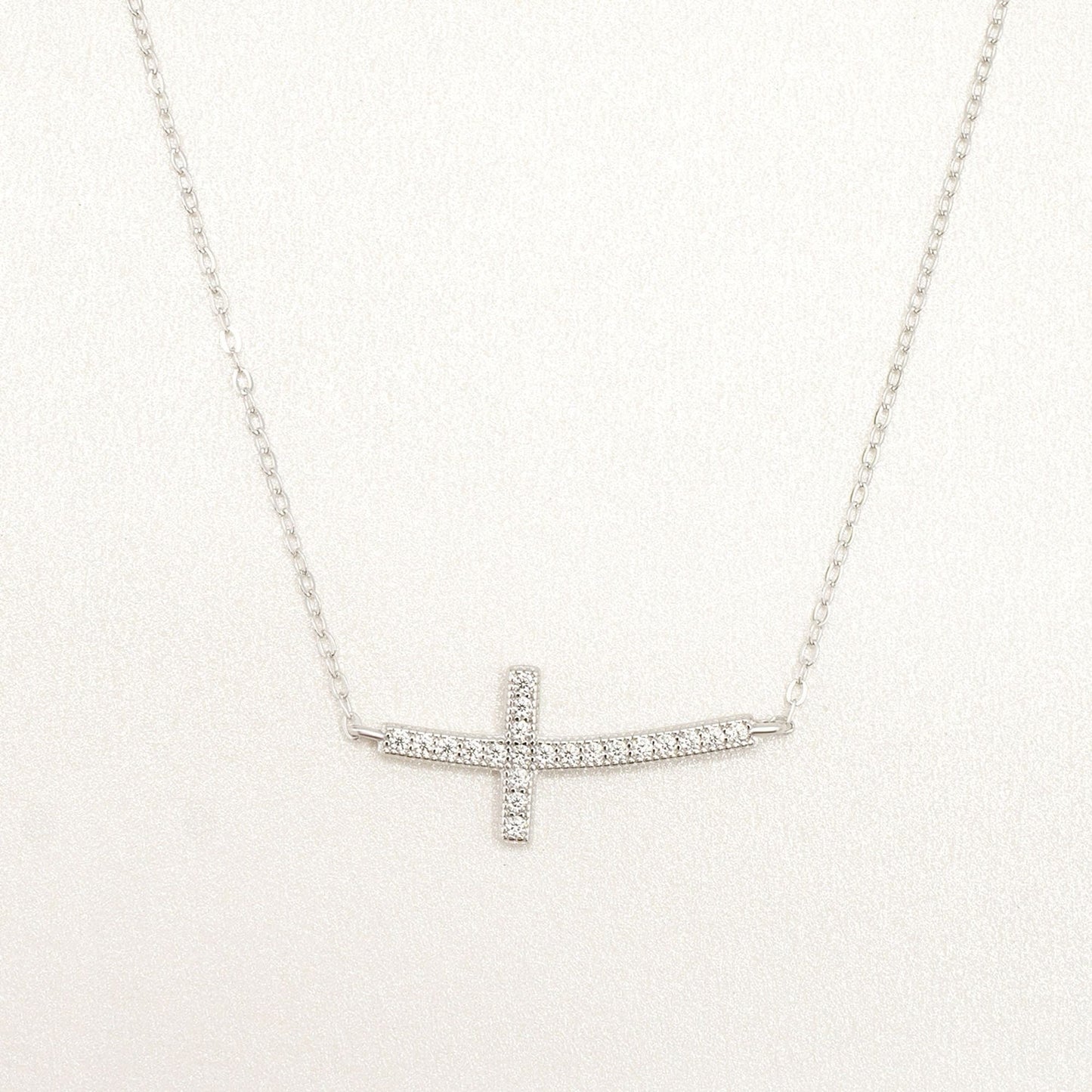 925 Sterling Silver Cubic Zirconia Sideways Cross Necklace