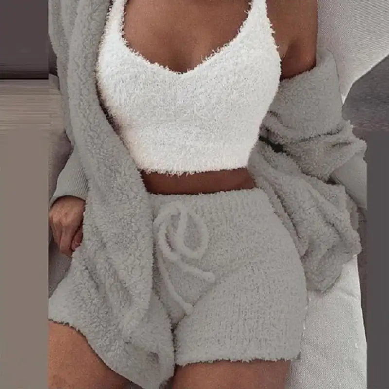 Stylish 3-piece knit set in gray, great gift for her. Includes a soft tank, shorts, and a warm cardigan.